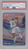 LeBron James from the 2023-24 Panini Hoops Premium Stock set featuring a Silver Prizm parallel graded by PSA and given an overall grade of 10.