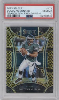 Donovan McNabb  from the 2023 Panini Select set featuring a Gold Dragon Scale parallel graded by PSA and given an overall grade of 10.