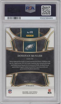 Donovan McNabb  from the 2023 Panini Select set featuring a Gold Dragon Scale parallel graded by PSA and given an overall grade of 10.