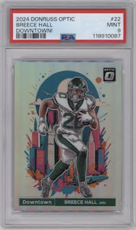 Breece Hall from the 2024 Donruss Optic set graded by PSA and given an overall grade of 9.