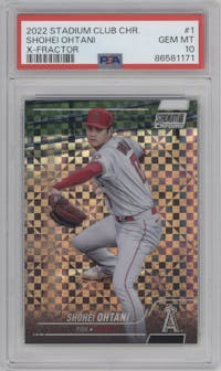 Shohei Ohtani from the 2022 Stadium Club Chrome set featuring a X-Fractor parallel graded by PSA and given an overall grade of 10.