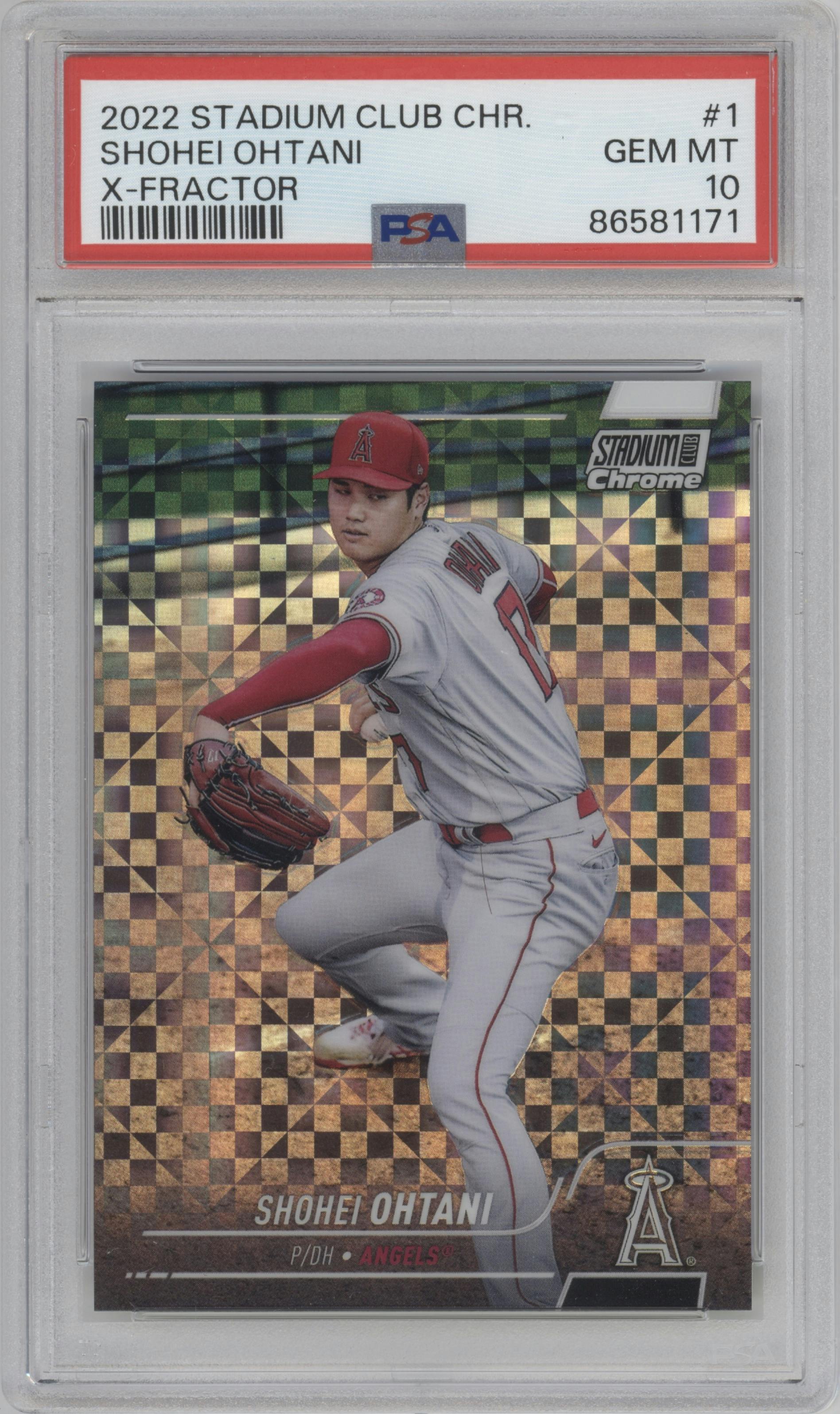 Shohei Ohtani from the 2022 Stadium Club Chrome set featuring a X-Fractor parallel graded by PSA and given an overall grade of 10.