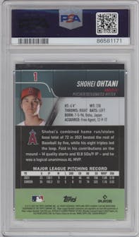 Shohei Ohtani from the 2022 Stadium Club Chrome set featuring a X-Fractor parallel graded by PSA and given an overall grade of 10.