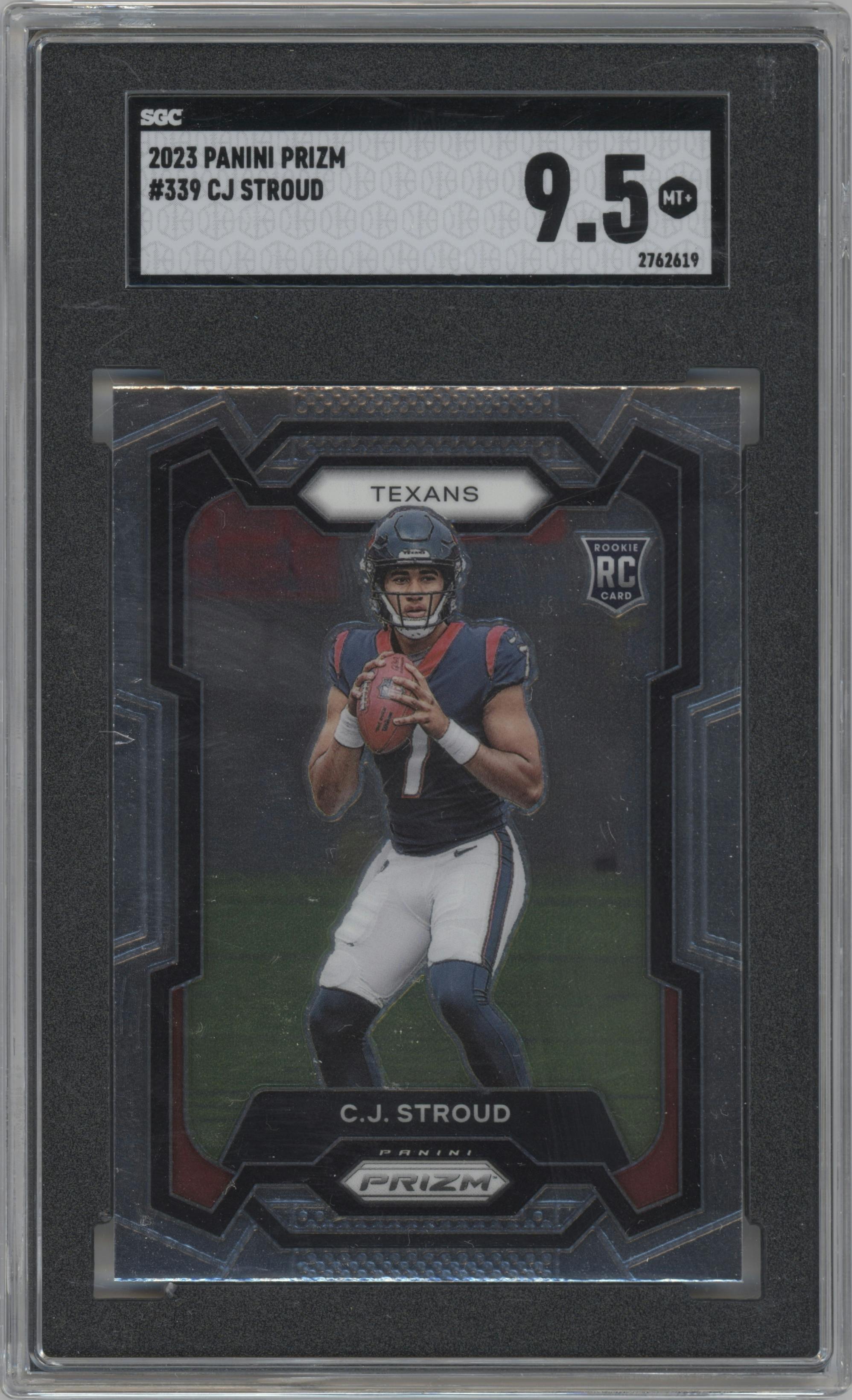 C.J. Stroud from the 2023 Panini Prizm set graded by SGC and given an overall grade of 9.5.