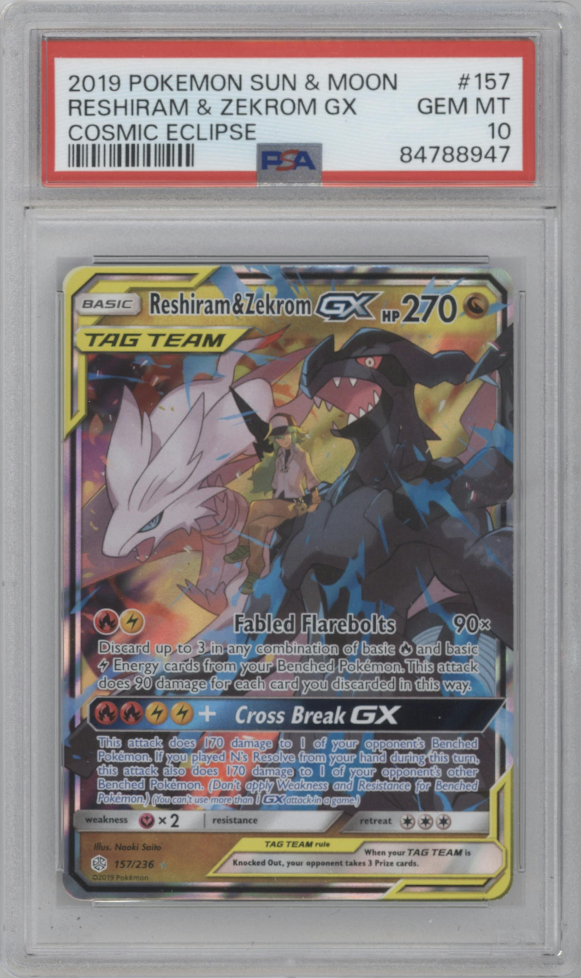 Reshiram/Zekrom GX from the 2019 Pokemon S&M  set graded by PSA and given an overall grade of 10.
