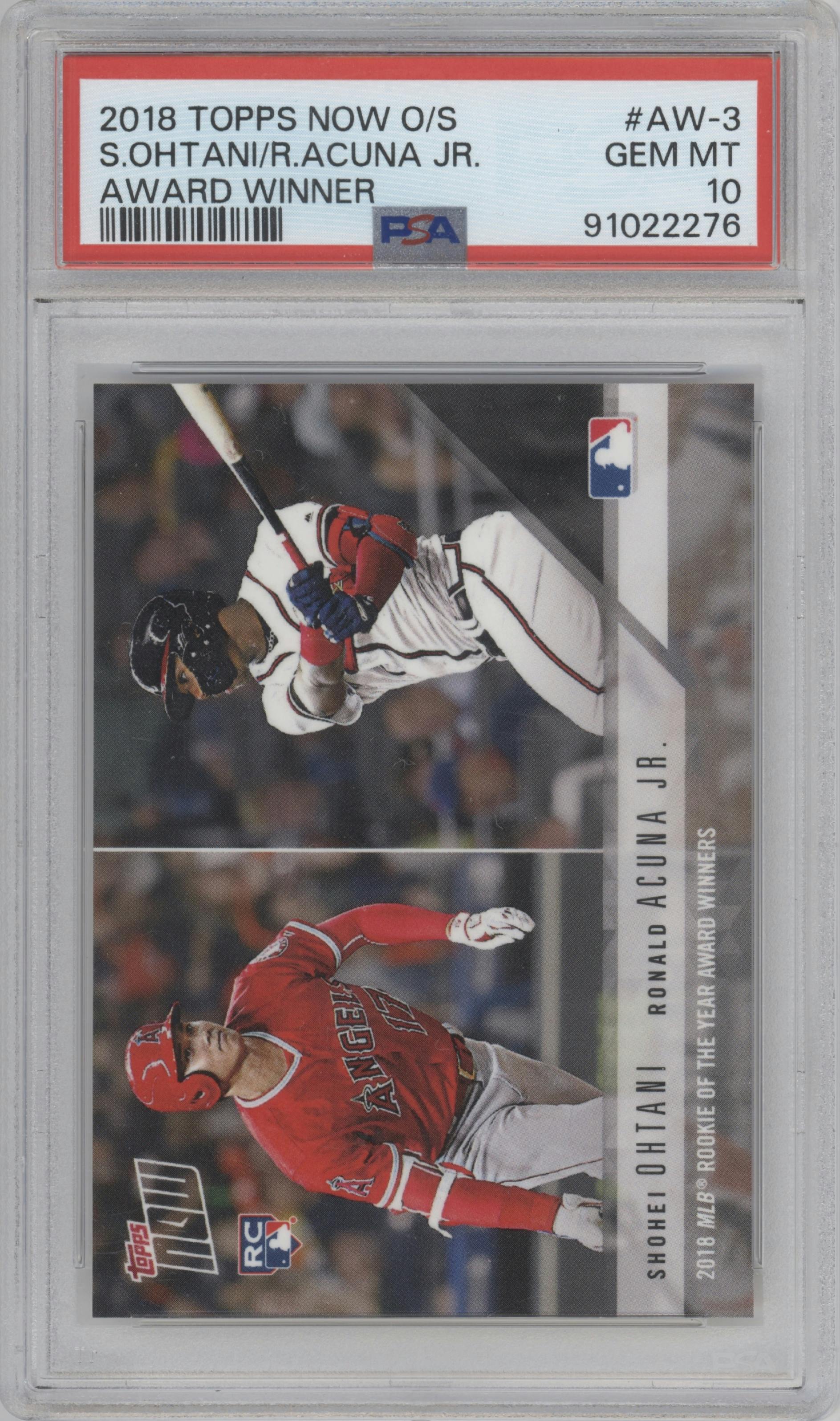 Shohei Ohtani/Ronald Acuna Jr. from the 2018 Topps Now set graded by PSA and given an overall grade of 10.