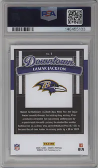 Lamar Jackson from the 2025 Panini Donruss set graded by PSA and given an overall grade of 10.