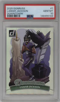 Lamar Jackson from the 2025 Panini Donruss set graded by PSA and given an overall grade of 10.