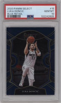 Luka Doncic from the 2020-21 Panini Select  set featuring a Blue Retail parallel graded by PSA and given an overall grade of 10.