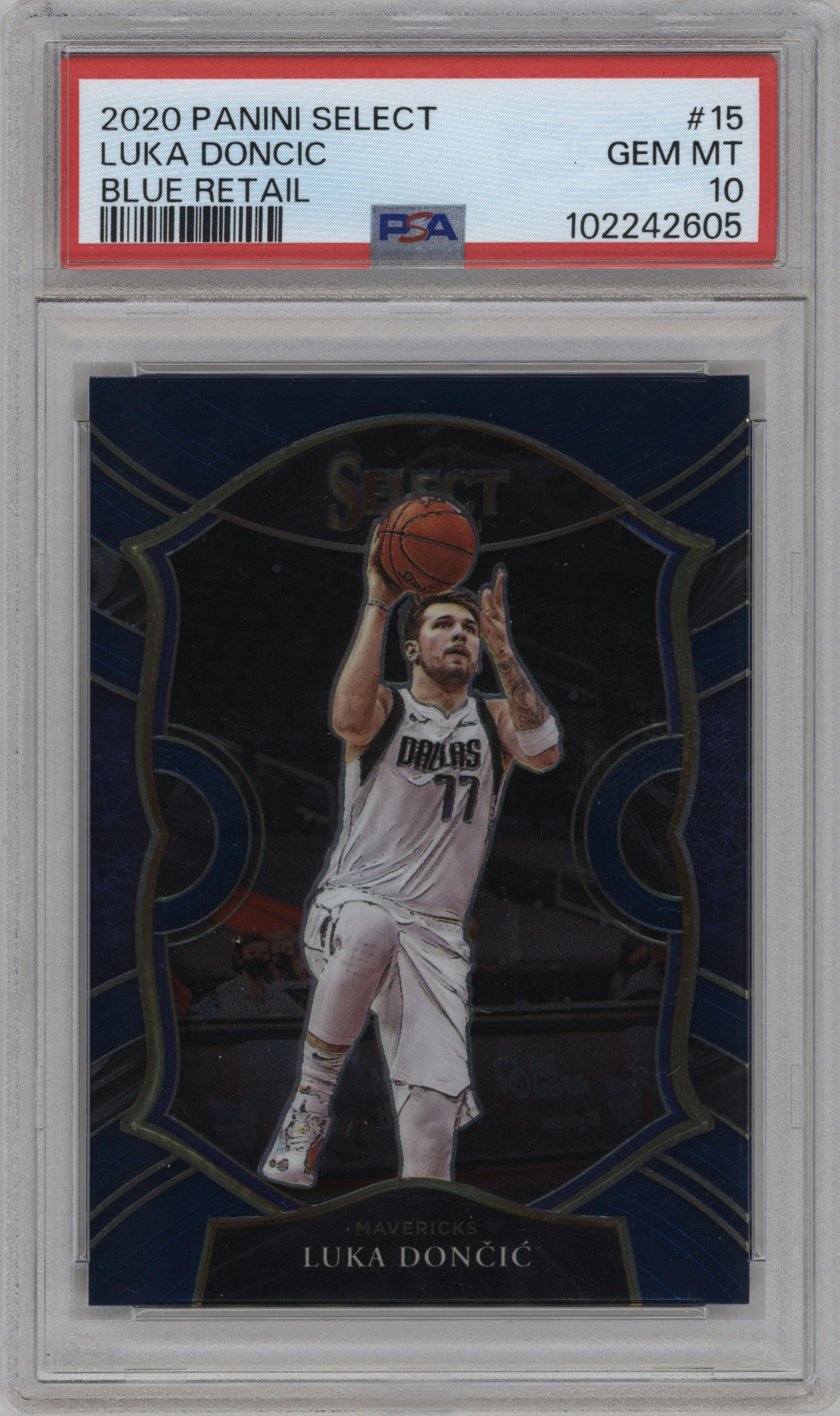 Luka Doncic from the 2020-21 Panini Select  set featuring a Blue Retail parallel graded by PSA and given an overall grade of 10.