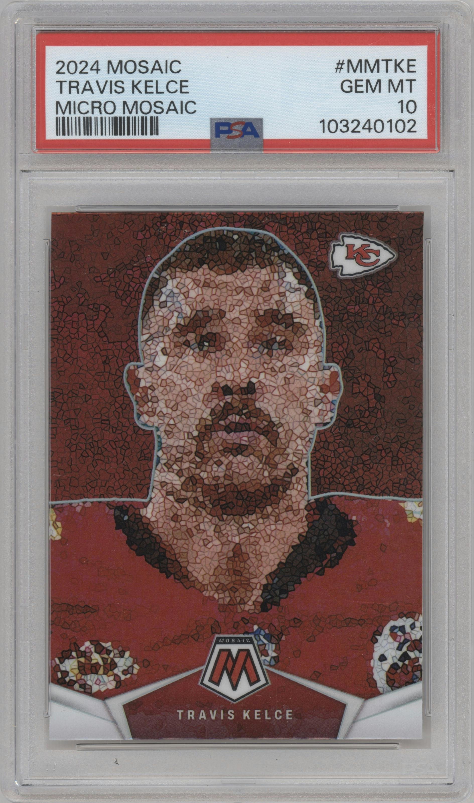 Travis Kelce	 from the 2024 Panini Mosaic set graded by PSA and given an overall grade of 10.