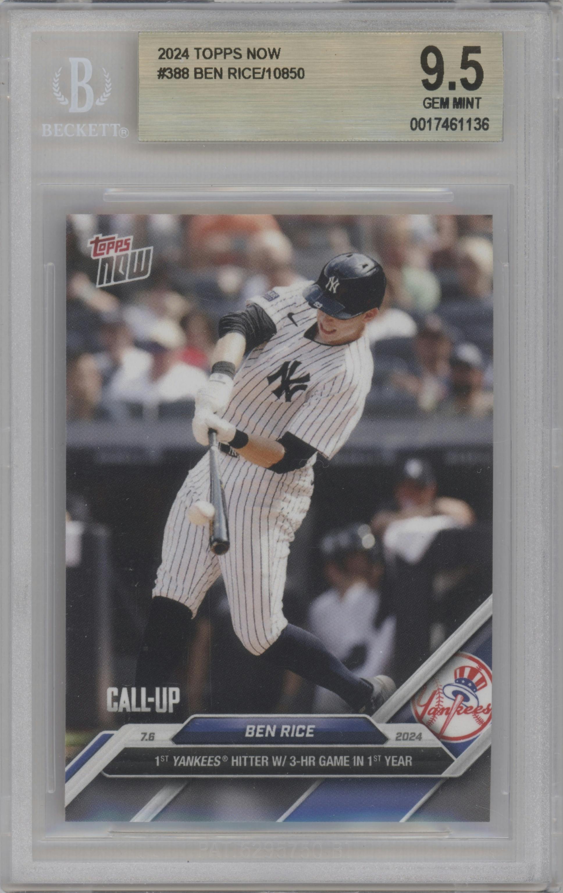 Ben Rice from the 2024 Topps Now set graded by Beckett and given an overall grade of 9.5.