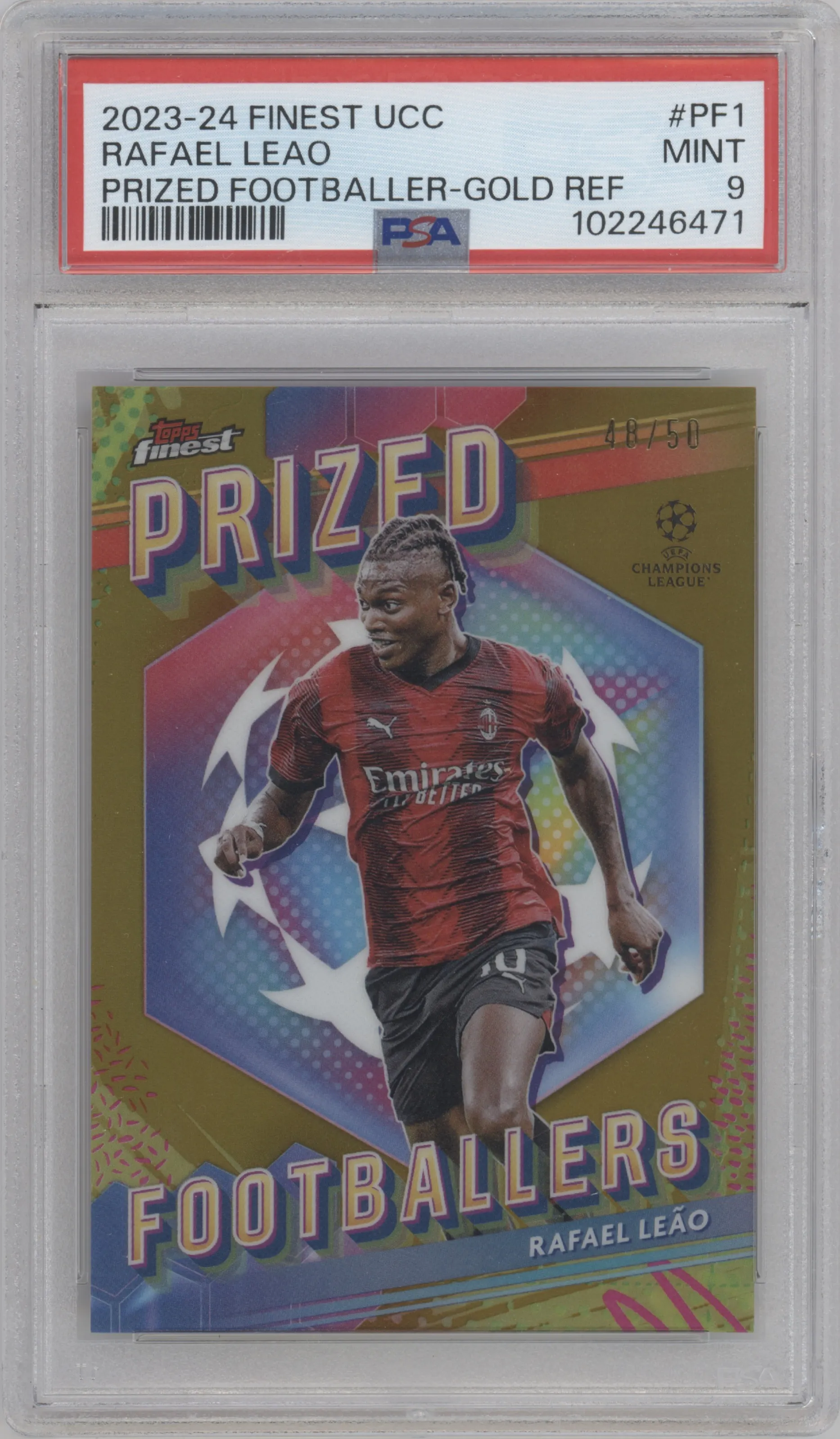 2023 Topps Finest UEFA Club Competitions Prized Footballers Rafael Leao Gold Refractor #PF-1 PSA 9
