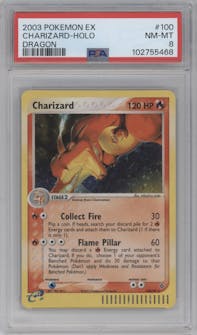 Charizard from the 2003 Pokemon EX set graded by PSA and given an overall grade of 8.