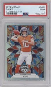 Bo Nix from the 2024 Panini Mosaic set graded by PSA and given an overall grade of 9.
