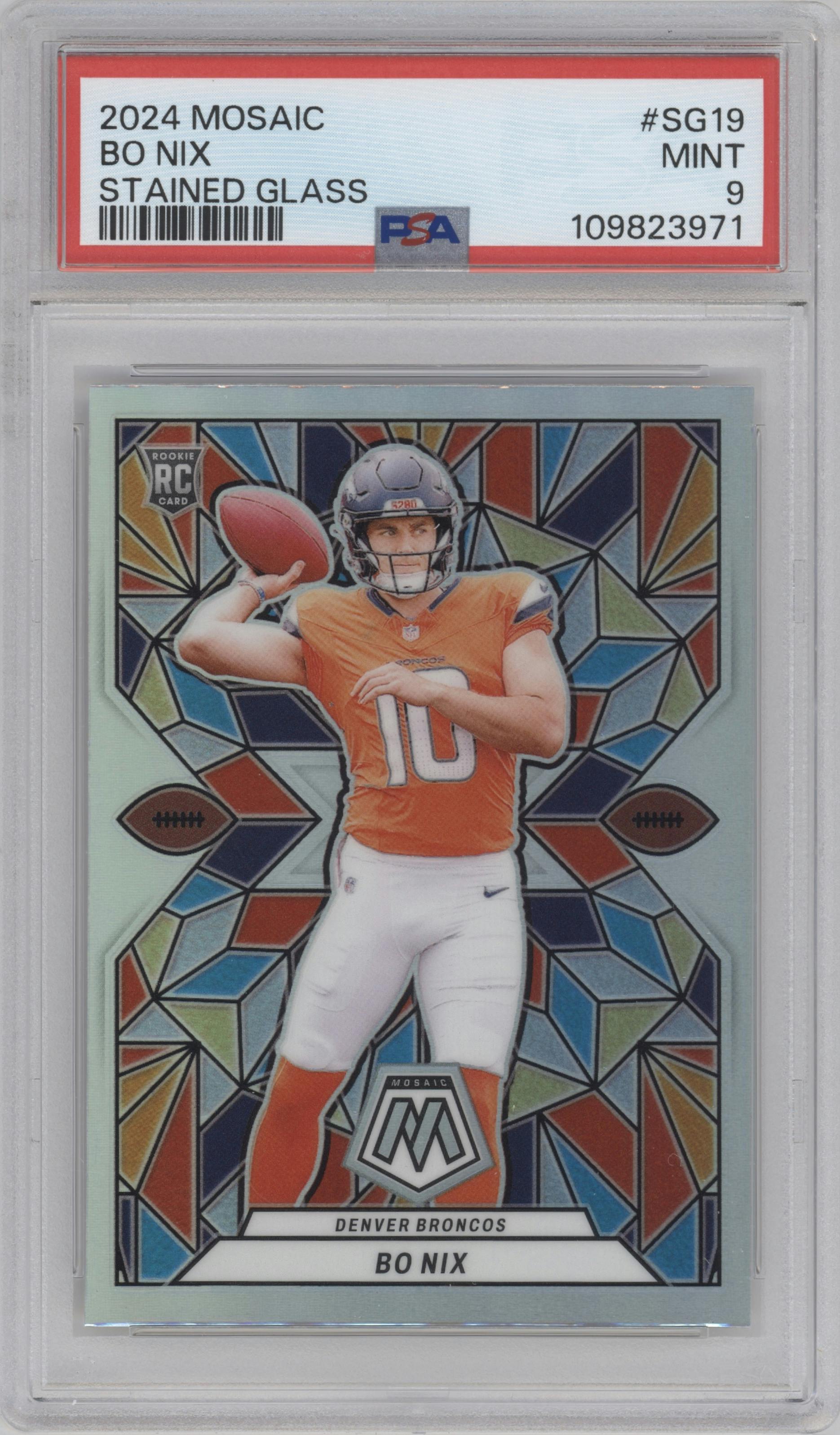 Bo Nix from the 2024 Panini Mosaic set graded by PSA and given an overall grade of 9.