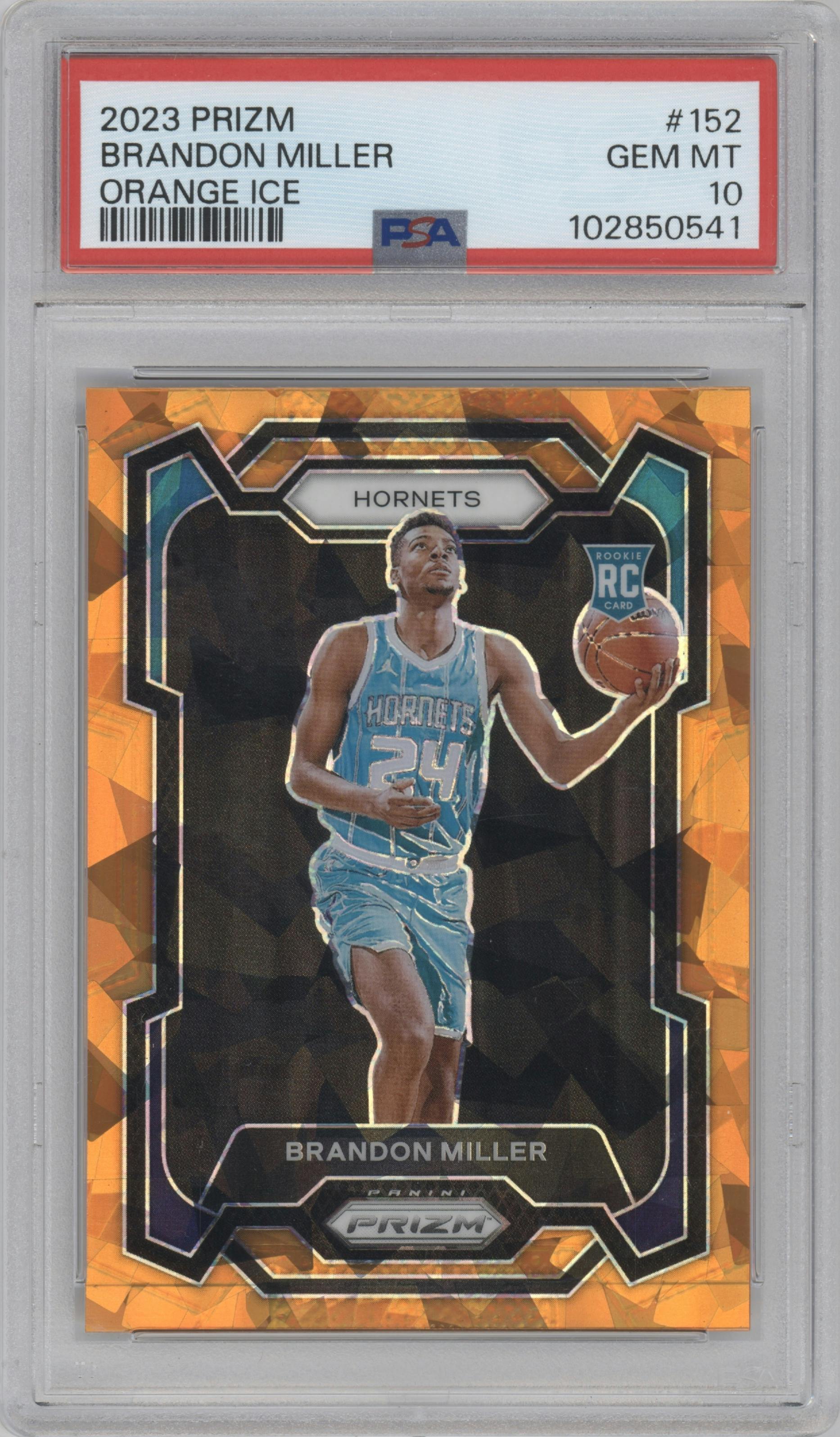 Brandon Miller from the 2023-24 Panini Prizm set featuring a Orange Ice parallel graded by PSA and given an overall grade of 10.