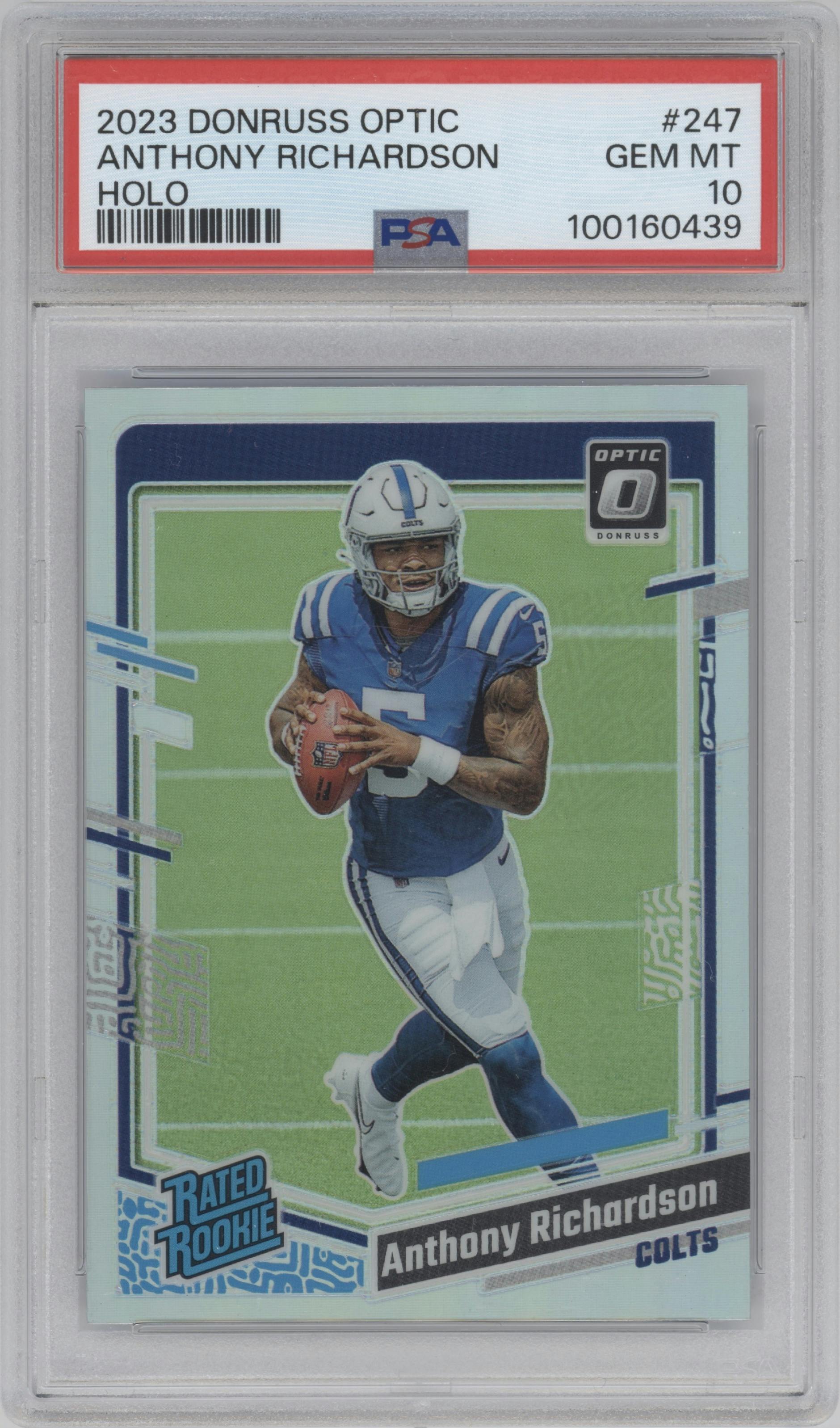 Anthony Richardson from the 2023 Donruss Optic set featuring a Holo parallel graded by PSA and given an overall grade of 10.