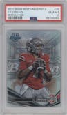 CJ Stroud from the 2022-23 Bowman’s Best University  set featuring a Refractor parallel graded by PSA and given an overall grade of 10.