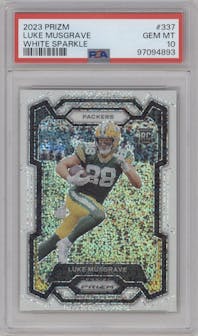 Luke Musgrave from the 2023 Panini Prizm set featuring a White Sparkle parallel graded by PSA and given an overall grade of 10.