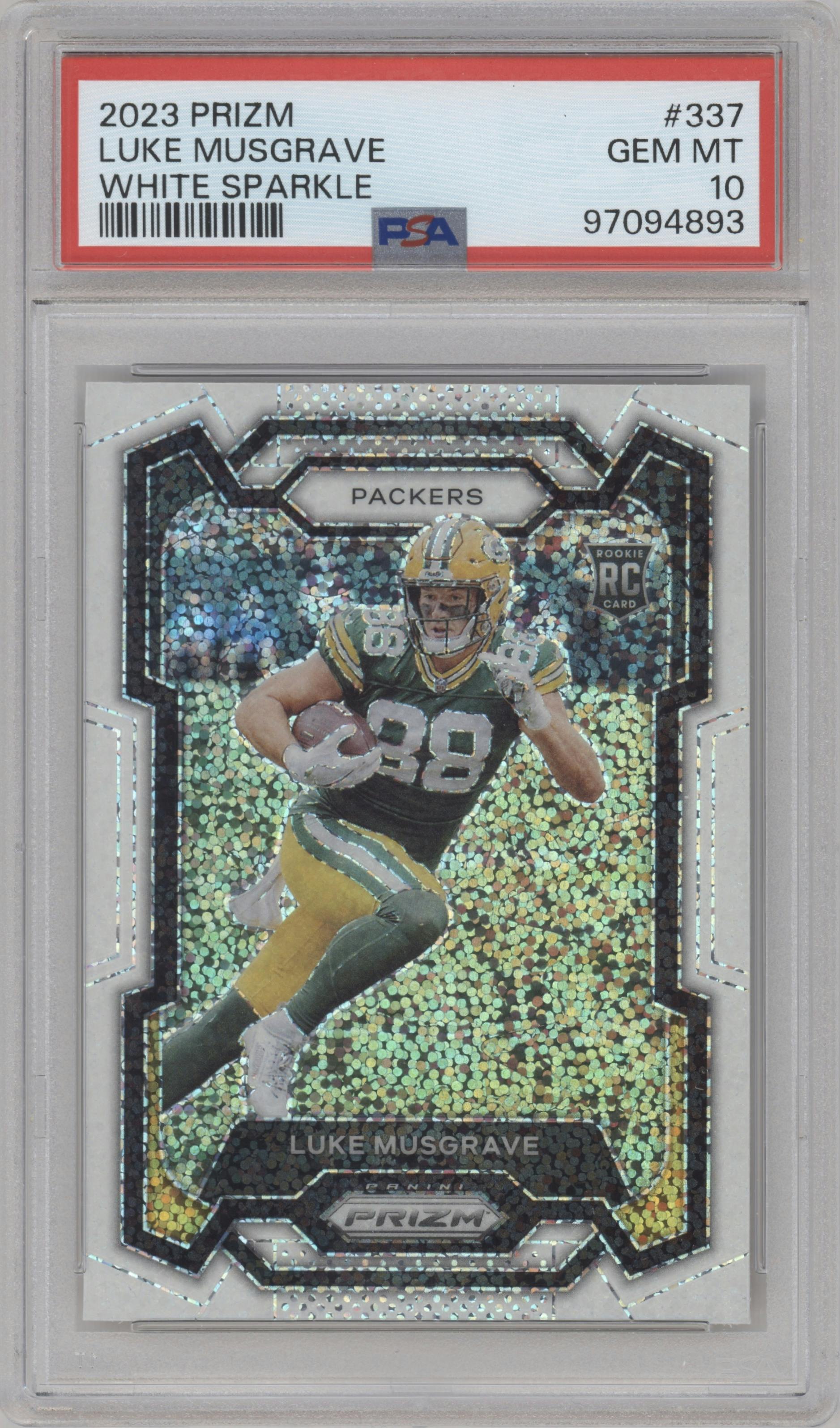 Luke Musgrave from the 2023 Panini Prizm set featuring a White Sparkle parallel graded by PSA and given an overall grade of 10.