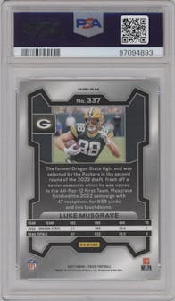 Luke Musgrave from the 2023 Panini Prizm set featuring a White Sparkle parallel graded by PSA and given an overall grade of 10.