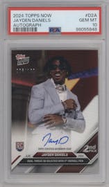 Jayden Daniels from the 2024 Topps Now set featuring a Full Color parallel graded by PSA and given an overall grade of 10.