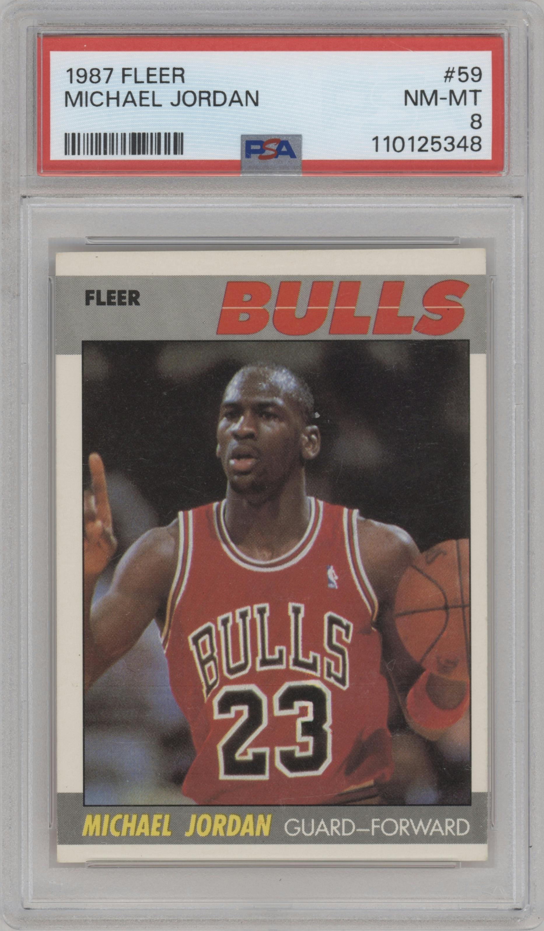 Michael Jordan from the 1987-88 Fleer set graded by PSA and given an overall grade of 8.