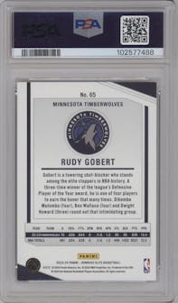 Rudy Gobert from the 2023-24 Panini Donruss Elite set featuring a International Hyper Gold parallel graded by PSA and given an overall grade of 8.