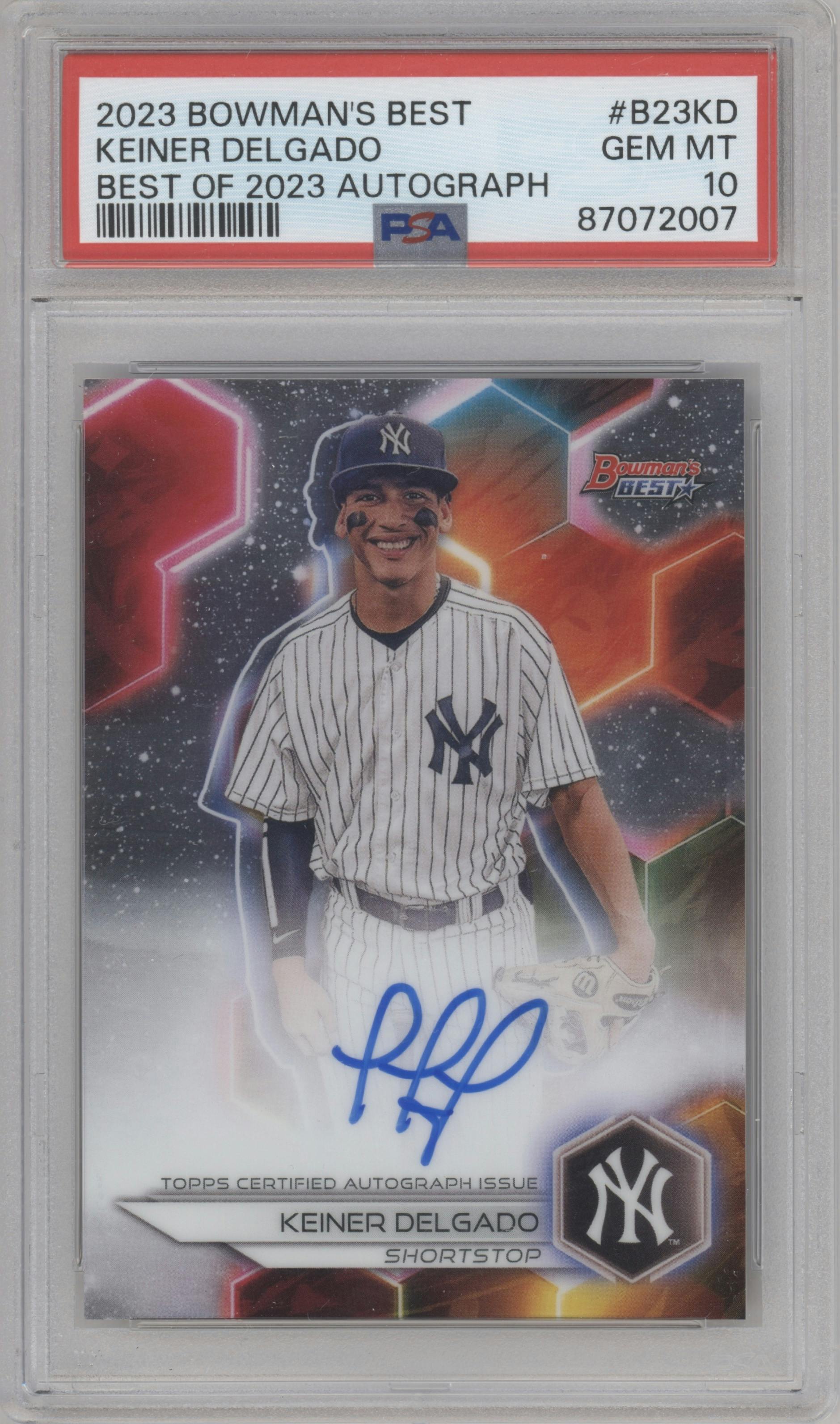 Keiner Delgado from the 2023 Bowman's Best set graded by PSA and given an overall grade of 10.