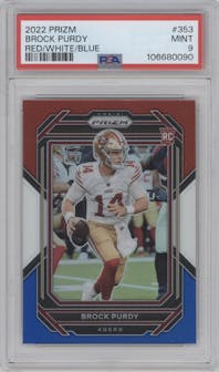 Brock Purdy from the 2022 Panini Prizm set featuring a Red/White/Blue Prizm parallel graded by PSA and given an overall grade of 9.