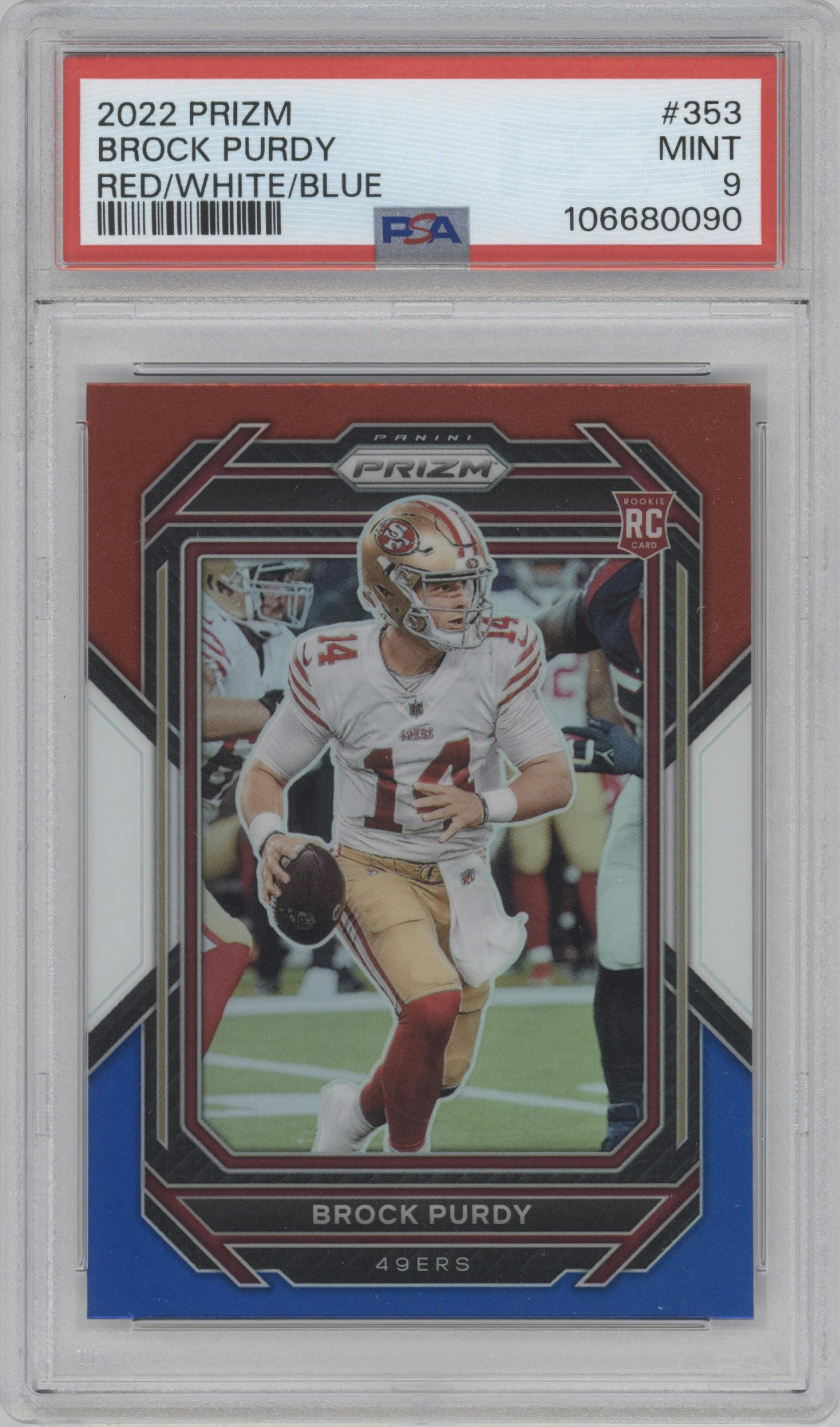 Brock Purdy from the 2022 Panini Prizm set featuring a Red/White/Blue Prizm parallel graded by PSA and given an overall grade of 9.