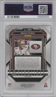 Brock Purdy from the 2022 Panini Prizm set featuring a Red/White/Blue Prizm parallel graded by PSA and given an overall grade of 9.