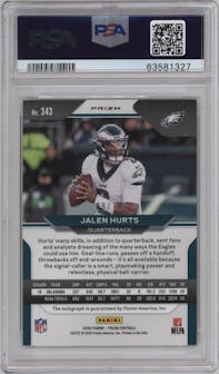 Jalen Hurts from the 2020 Panini Prizm set featuring a No Huddle Gold parallel graded by PSA and given an overall grade of 10.