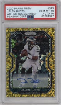 Jalen Hurts from the 2020 Panini Prizm set featuring a No Huddle Gold parallel graded by PSA and given an overall grade of 10.
