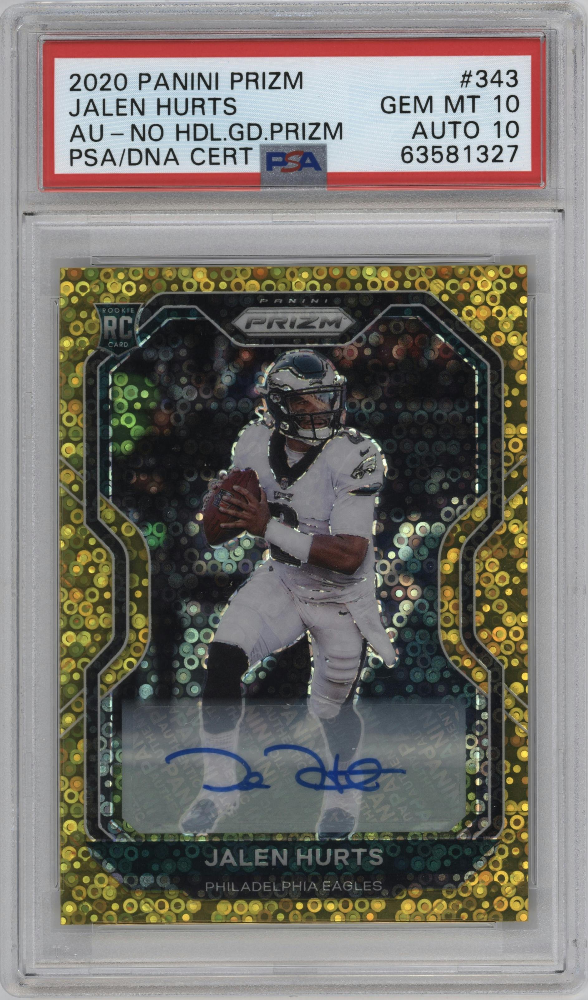 Jalen Hurts from the 2020 Panini Prizm set featuring a No Huddle Gold parallel graded by PSA and given an overall grade of 10.