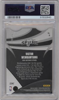 Victor Wembanyama from the 2023-24 Panini Revolution set featuring a Cosmic parallel graded by PSA and given an overall grade of 9.
