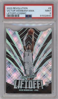 Victor Wembanyama from the 2023-24 Panini Revolution set featuring a Cosmic parallel graded by PSA and given an overall grade of 9.