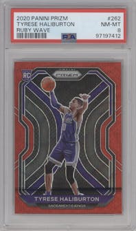 Tyrese Haliburton from the 2020-21 Panini Prizm set featuring a Ruby Wave parallel graded by PSA and given an overall grade of 8.