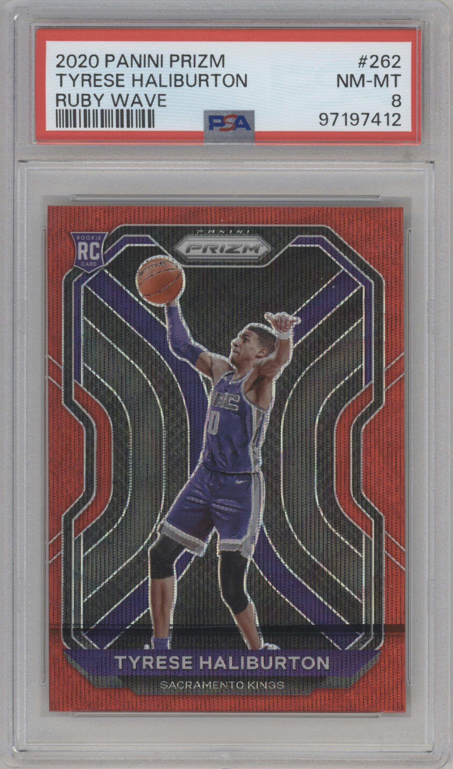 Tyrese Haliburton from the 2020-21 Panini Prizm set featuring a Ruby Wave parallel graded by PSA and given an overall grade of 8.