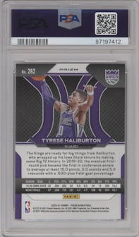 Tyrese Haliburton from the 2020-21 Panini Prizm set featuring a Ruby Wave parallel graded by PSA and given an overall grade of 8.