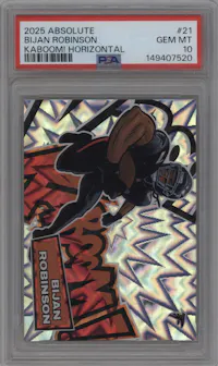 Bijan Robinson from the 2025 Panini Absolute set graded by PSA and given an overall grade of 10.