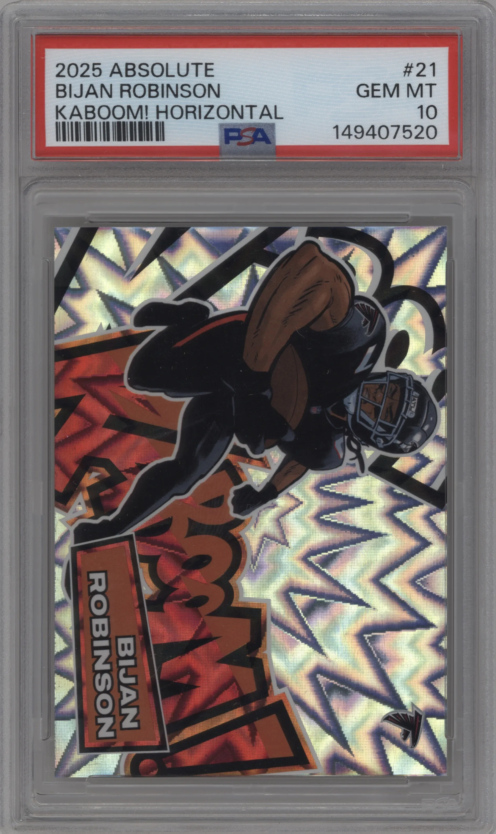 Bijan Robinson from the 2025 Panini Absolute set graded by PSA and given an overall grade of 10.