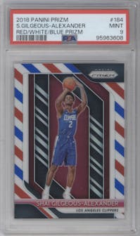 Shai Gilgeous-Alexander from the 2018-19 Panini Prizm set featuring a Red White Blue Prizm parallel graded by PSA and given an overall grade of 9.