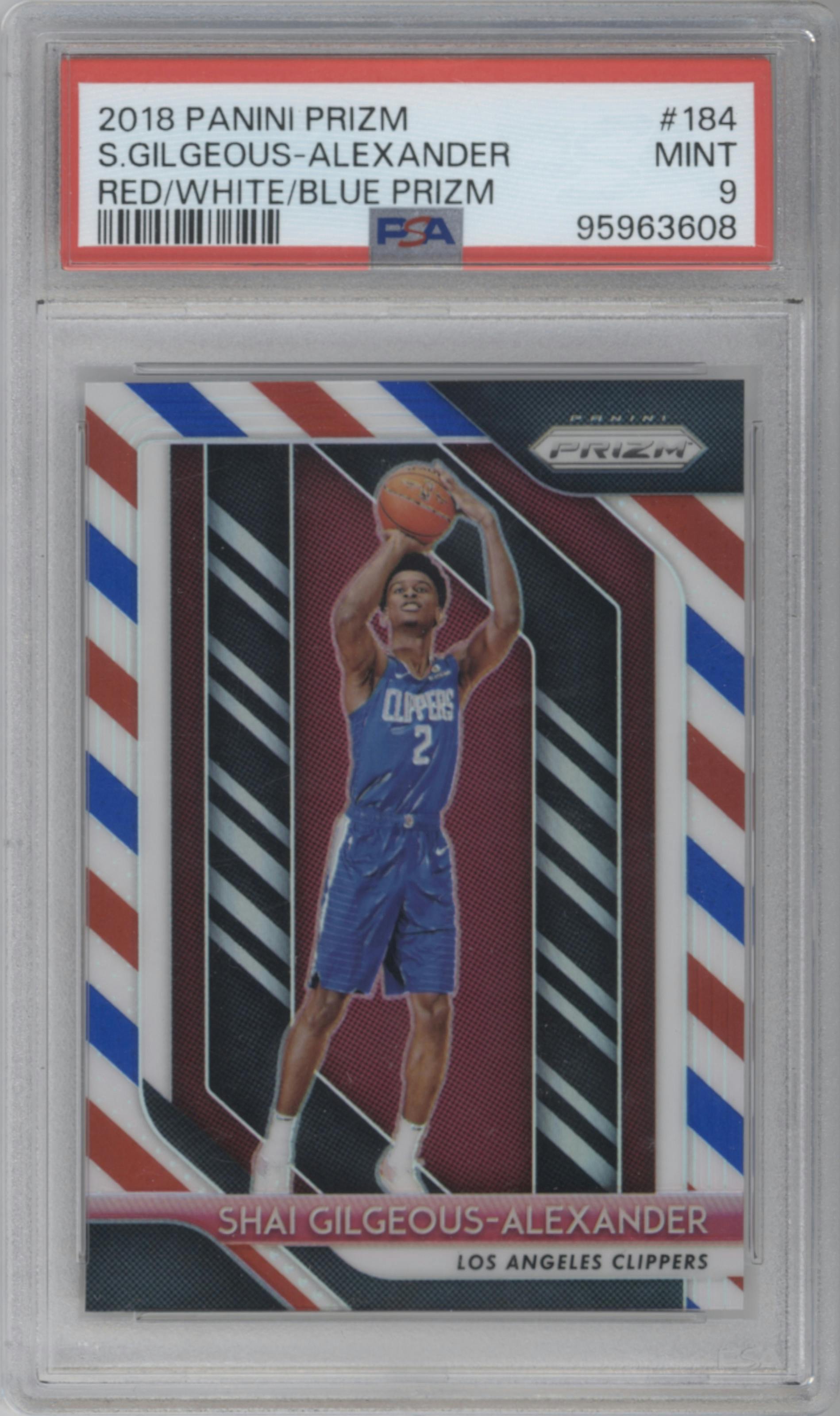 Shai Gilgeous-Alexander from the 2018-19 Panini Prizm set featuring a Red White Blue Prizm parallel graded by PSA and given an overall grade of 9.
