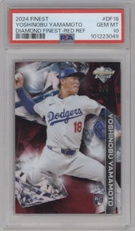 Yoshinobu Yamamoto from the 2024 Topps Finest set featuring a Red Refractor parallel graded by PSA and given an overall grade of 10.