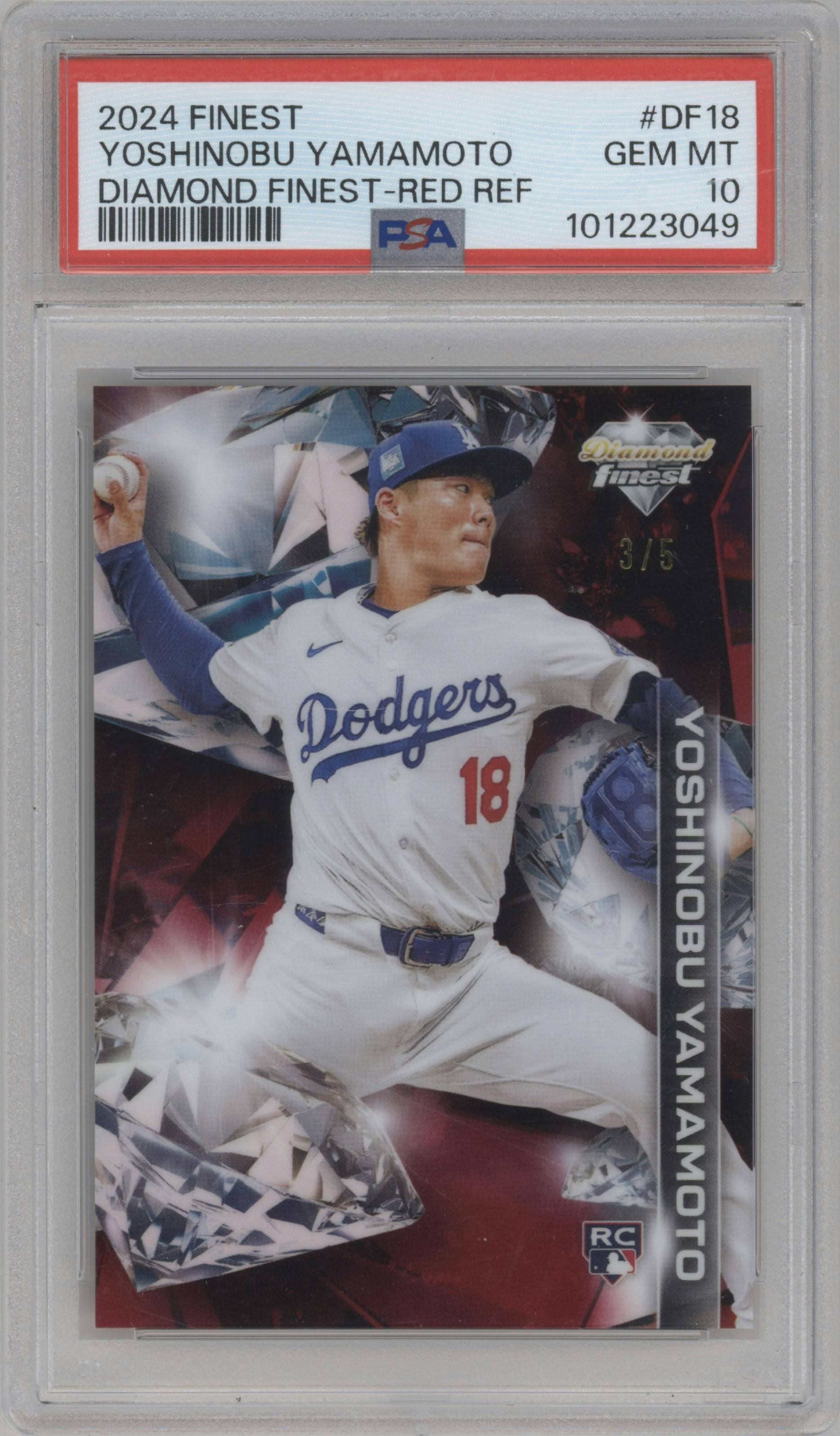 Yoshinobu Yamamoto from the 2024 Topps Finest set featuring a Red Refractor parallel graded by PSA and given an overall grade of 10.