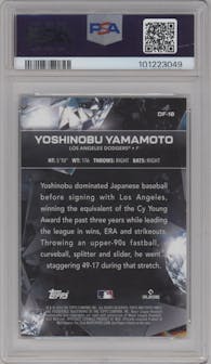 Yoshinobu Yamamoto from the 2024 Topps Finest set featuring a Red Refractor parallel graded by PSA and given an overall grade of 10.
