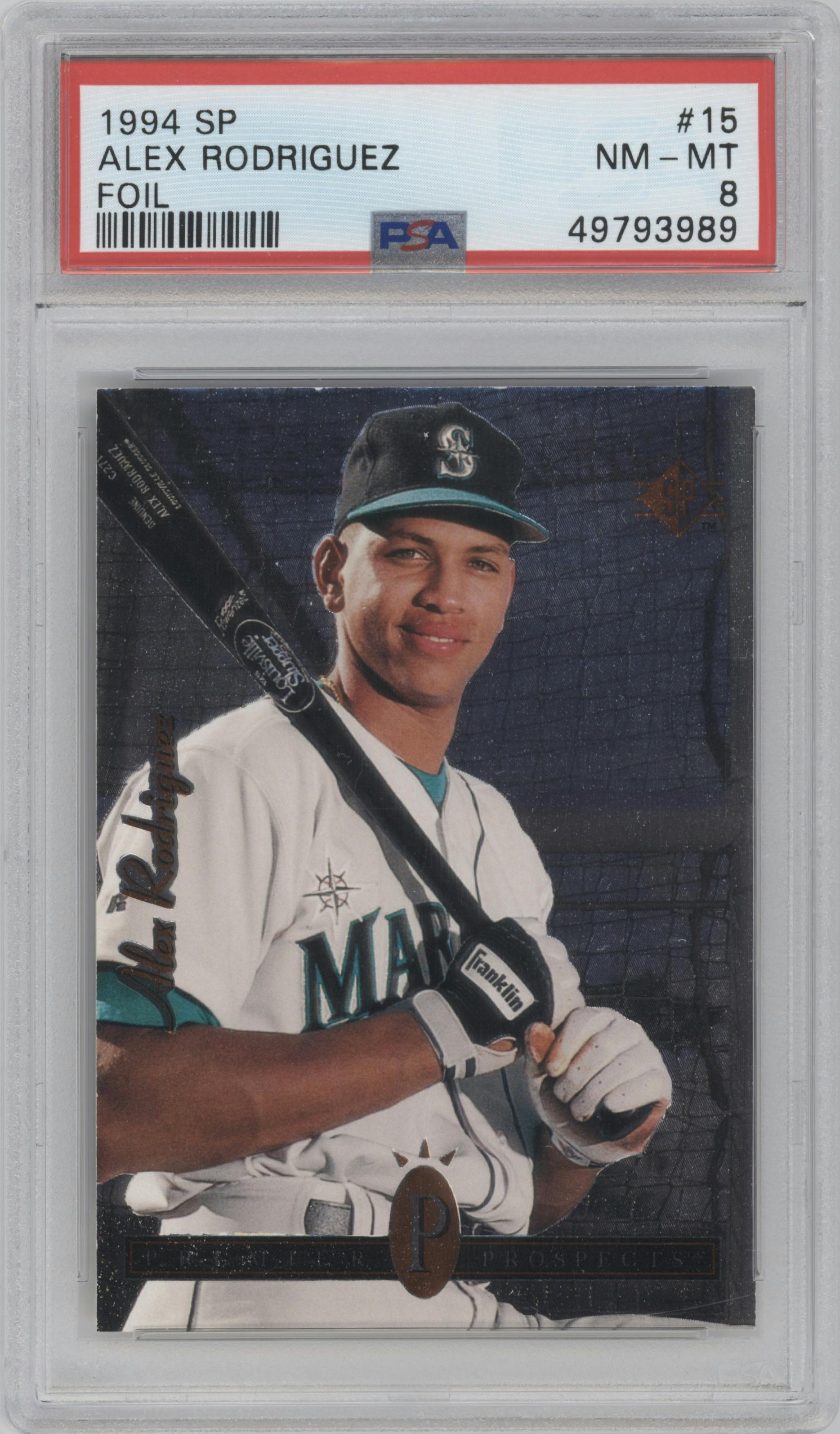 Alex Rodriguez from the 1994 Upper Deck SP set featuring a Foil parallel graded by PSA and given an overall grade of 8.