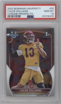 Caleb Williams from the 2022 Bowman University Chrome set graded by PSA and given an overall grade of 10.